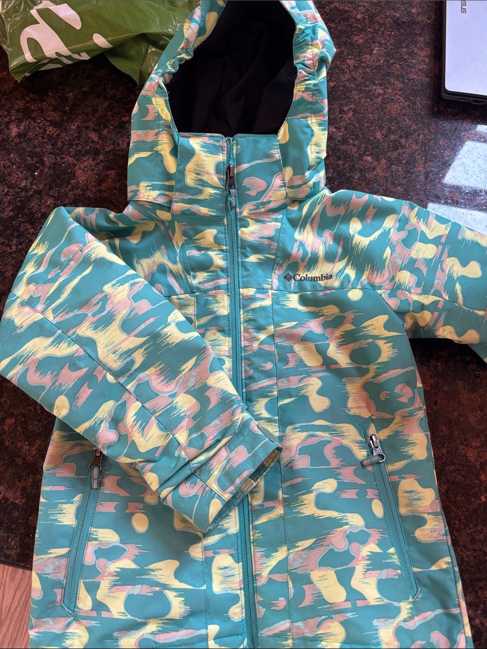 Columbia Turquoise Pink Yellow Patterned Girls' Hooded Jacket